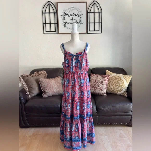 Natural Life Isabella Maxi Dress In Red Blue Floral Size XL Boho - Picture 5 of 15